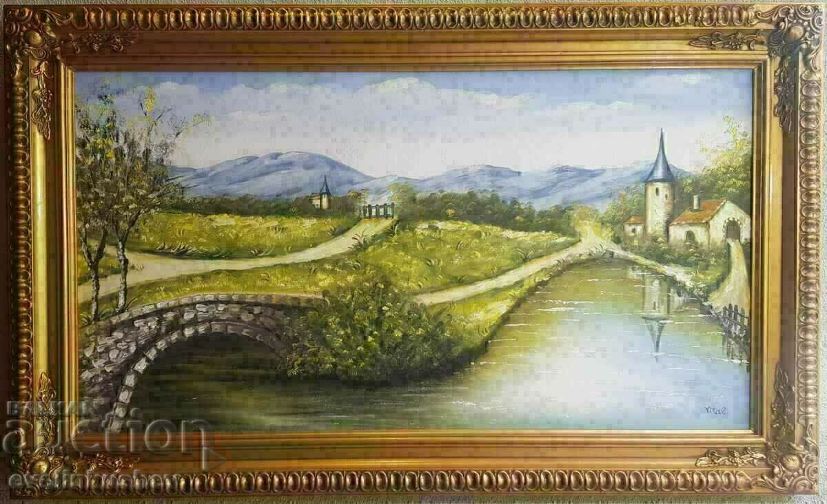 Large oil painting 128x77 cm with the frame signed VITAL