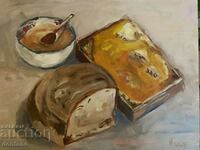Pictura in ulei - Natura statica - Mic dejun, miere, paine, placinta 26/18 cm