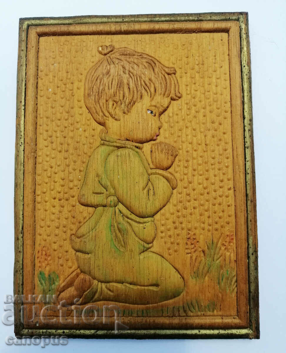 Old Wooden Picture Boy Wall Decoration Wood Carving