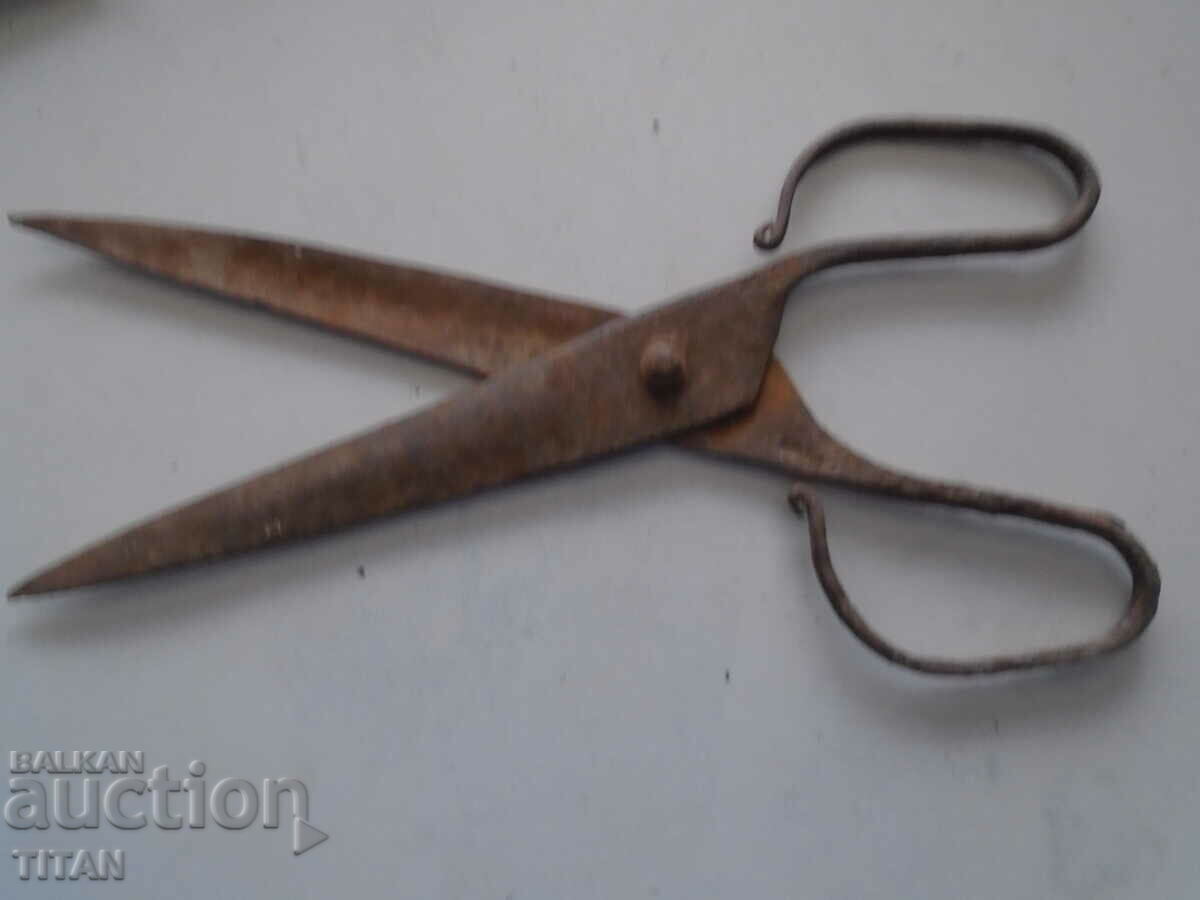 huge old scissors, forged, inlaid, 30 cm.