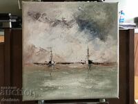 Pictura in ulei - Peisaj marin - Barci - Inainte de furtuna 20/20 cm