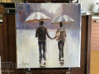 Oil painting - Lovers in the rain - Cityscape 20/20 cm