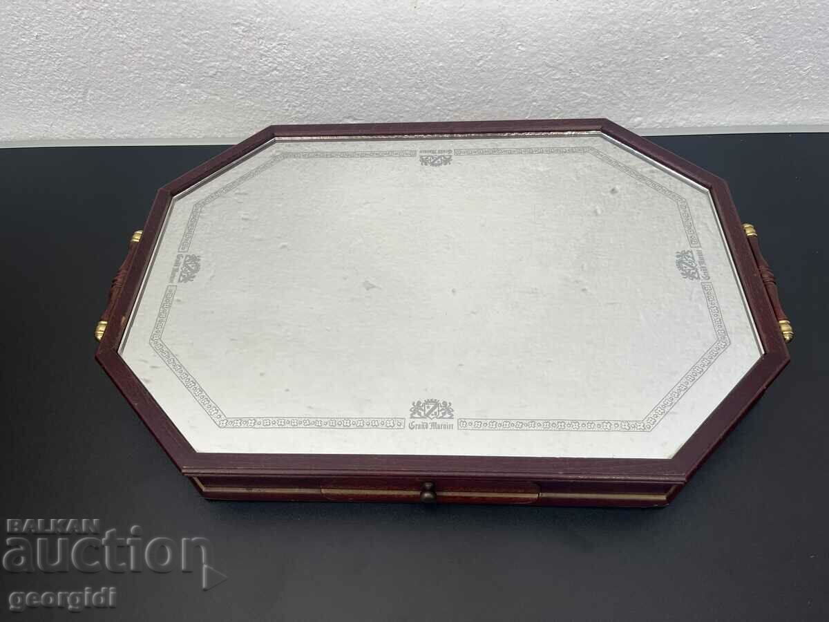Wooden tray with mirror for liquor. #5489