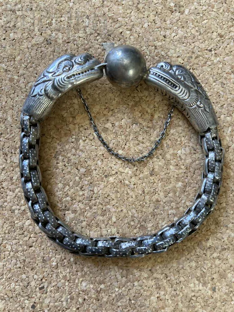 Antique Silver Bracelet with Two Dragons