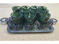 Service Cups with Coasters and Tray Green Glass