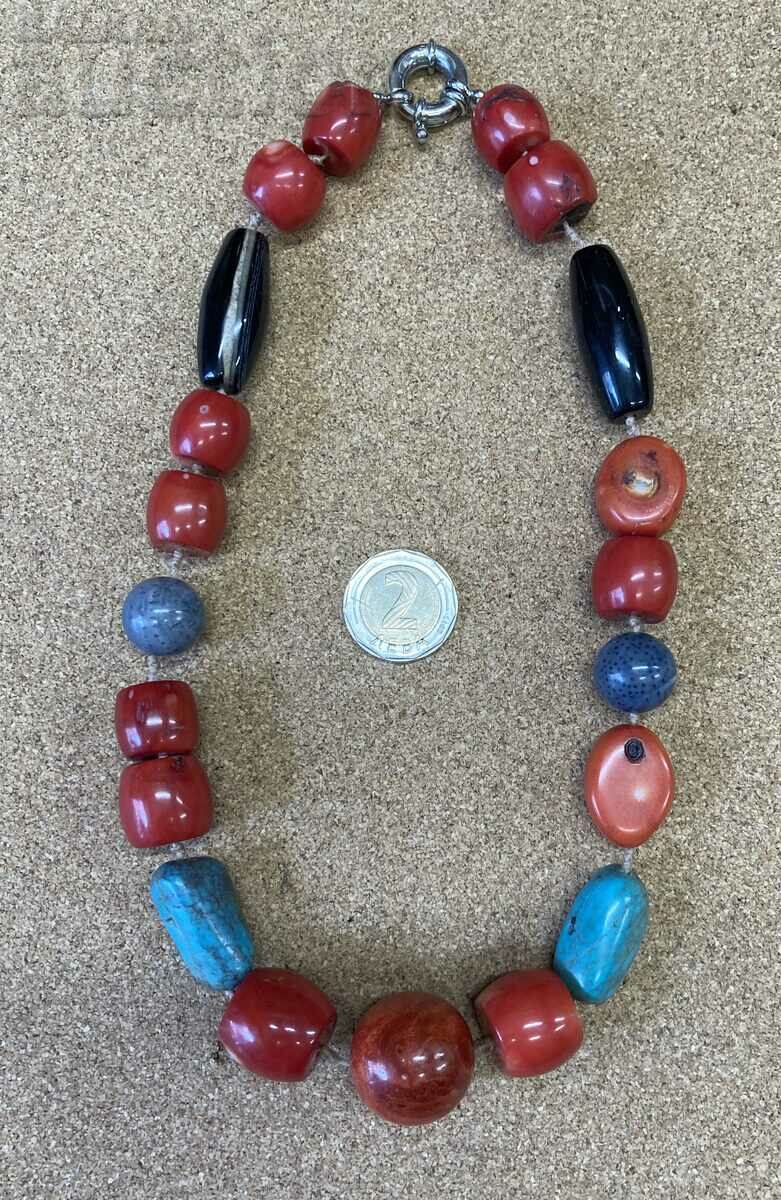 Gerdan Red Coral Fossil Blue Coral Turquoise Agate Necklace