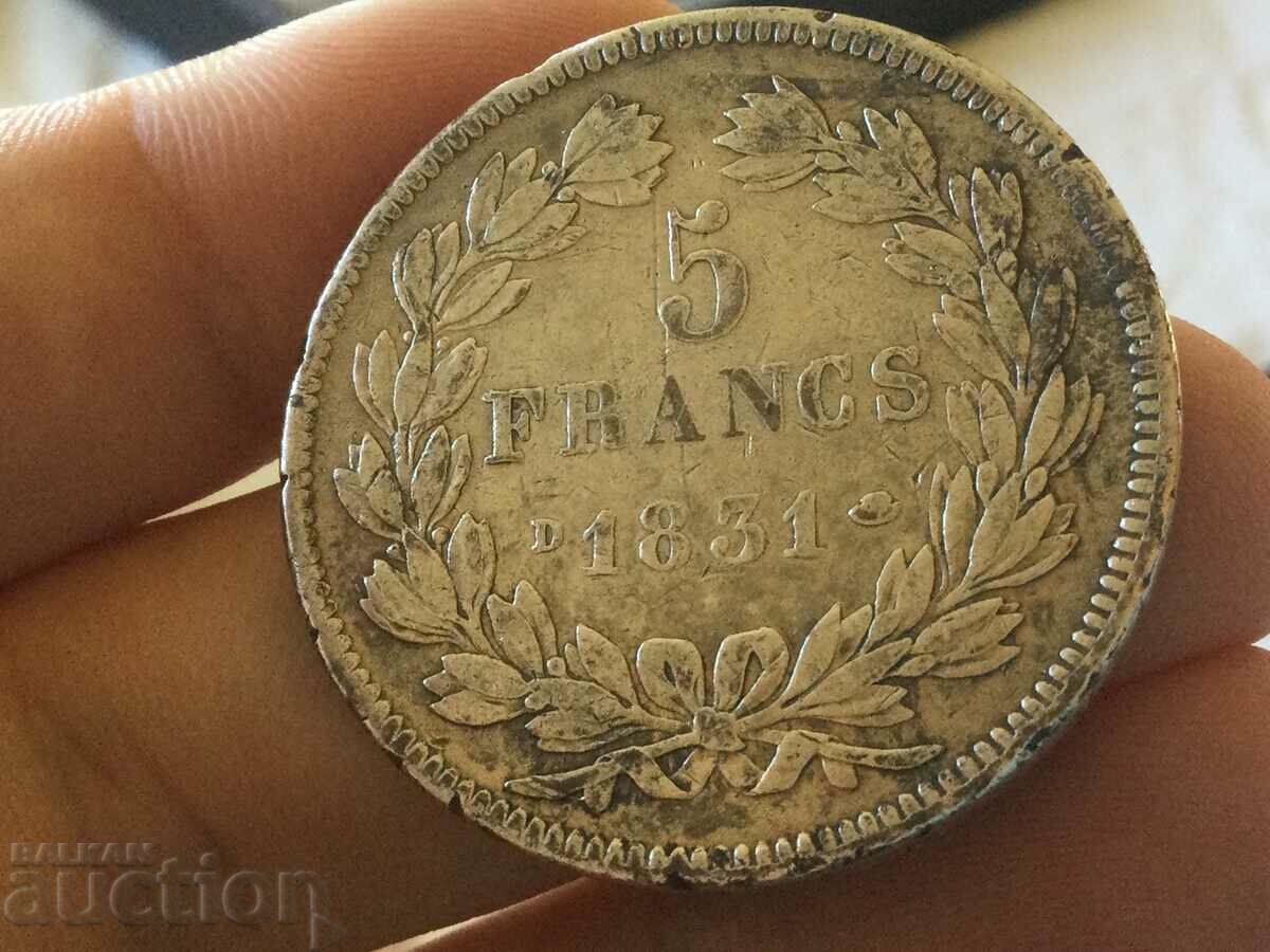 Франция 5 франка 1831 D Лион Луи Филип сребро 25 гр