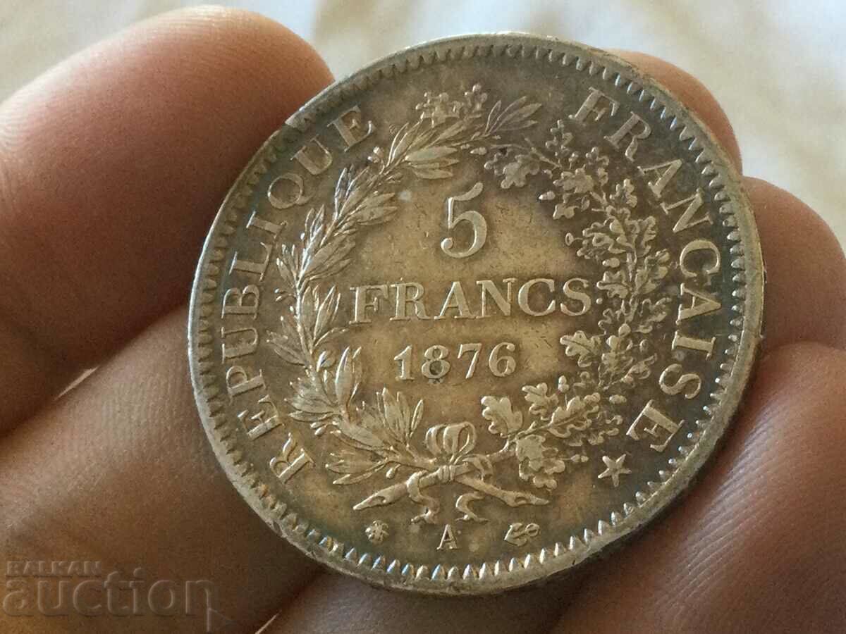 Франция Република 5 франка 1876 Херкулес сребро 25 гр