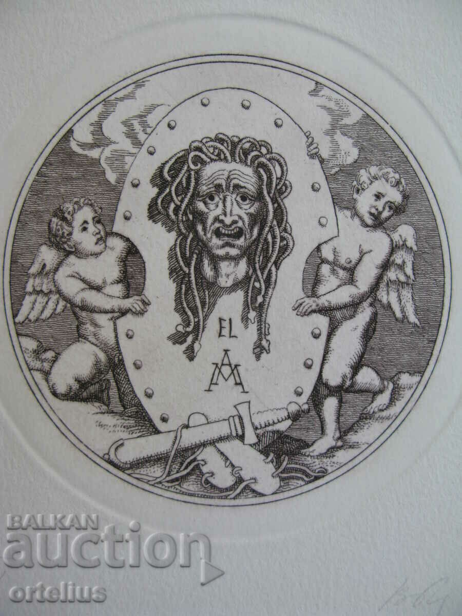Exlibris cu gravură grafică Medusa Gorgon cu Cupidon