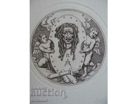 Exlibris cu gravură grafică Medusa Gorgon cu Cupidon