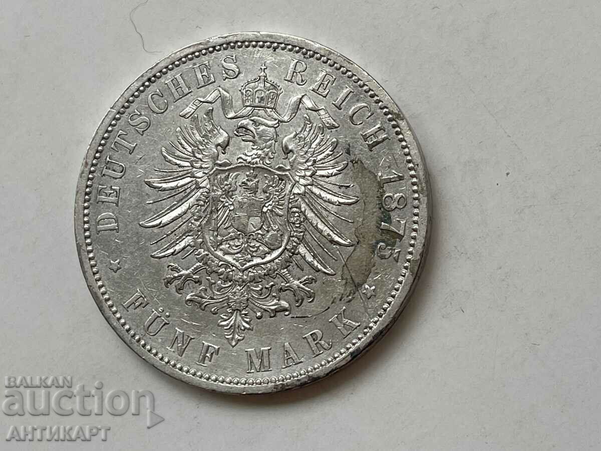 monedă de argint 5 mărci Germania 1875 Wilhelm Prusia argint