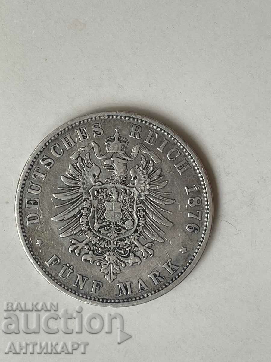 сребърна монета 5 марки Германия 1876  Вилхелм Прусия сребро