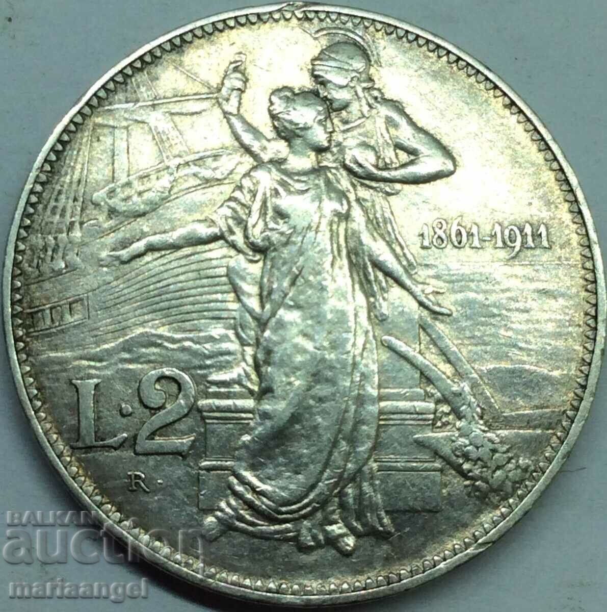 2 лири 1911 Италия Юбилейна 50 години на кралство сребро
