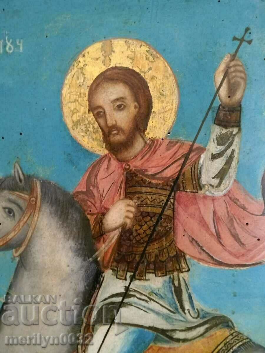 Рисувана икона 19ти век 62/44см Св.Тодор убива змията кръст