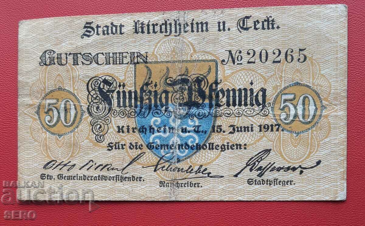 Banknote-Germany-Baden-Württemberg-Kirheim-50 pfennig 1917