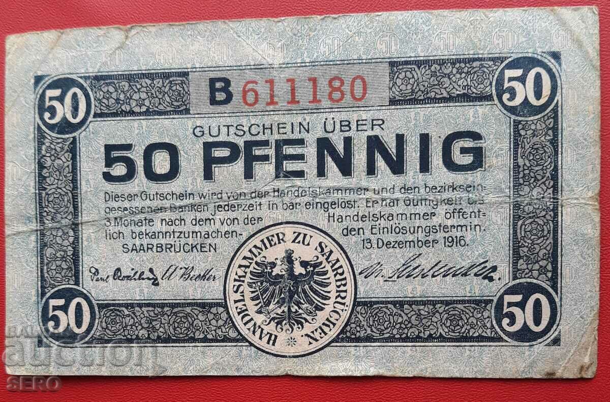 Банкнота-Германия-Саарланд-Саарбрюкен-50 пфенига 1916