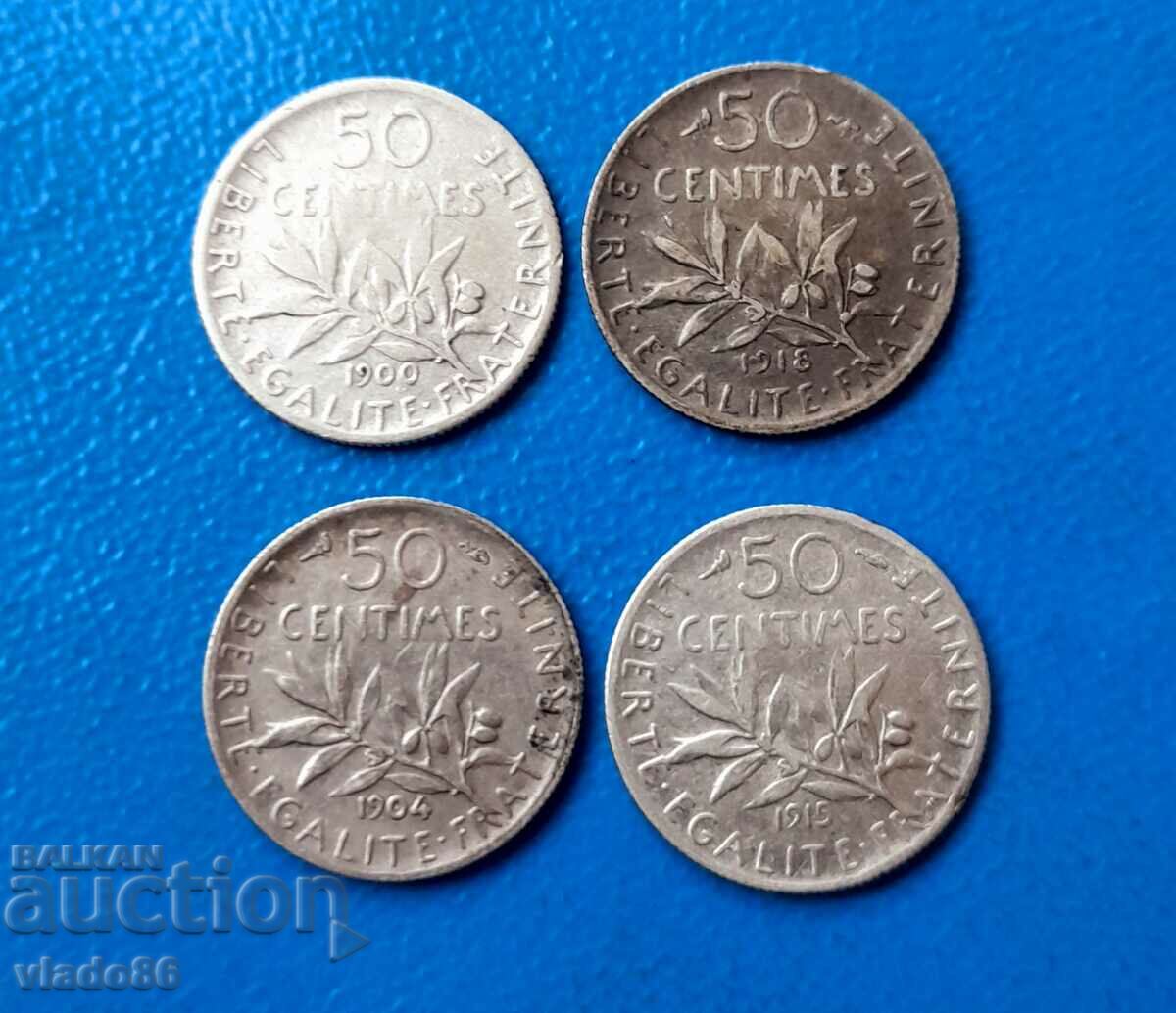 4 silver coins 50 centimes 1918, 1904, 1900, 1915