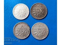 4 silver coins 50 centimes 1918, 1904, 1900, 1915