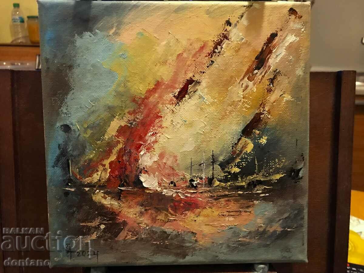 Pictura abstracta in ulei - Peisaj marin - Culoare 20/20 cm