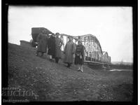 old glass positive, military on a bridge, city, c.1922