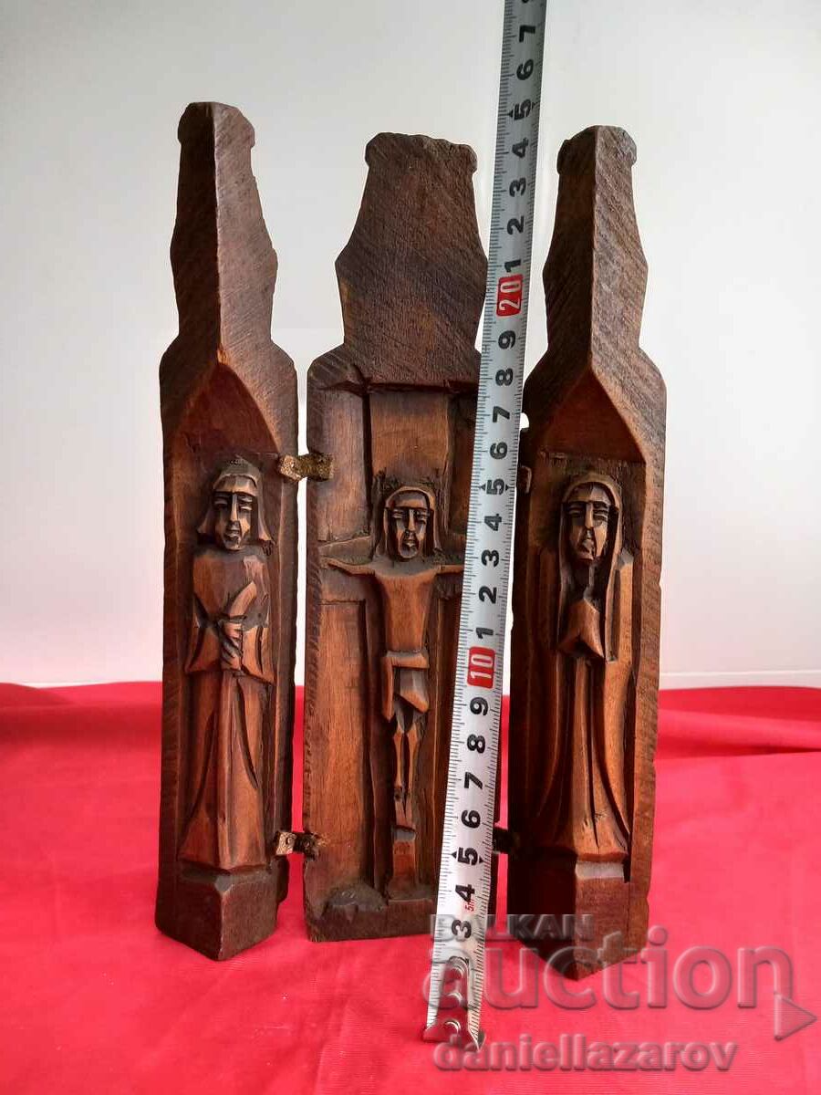 Rare Old Wooden TRIPTYCH Wood Carving - 5 Rare Old Wooden TRIPTYCH Wood Carving - 5