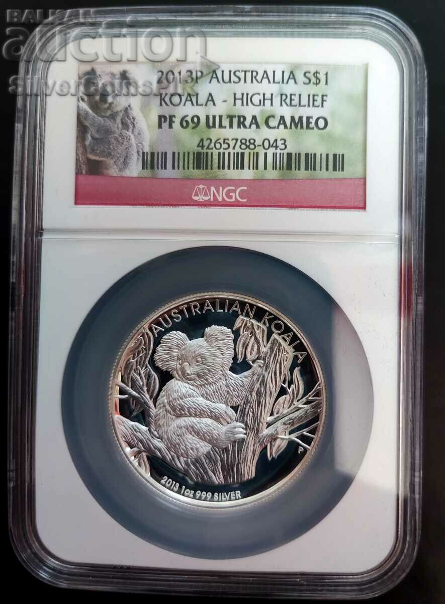 Argint 1 oz Australian Koala High Relief 2013 Clasa PF69