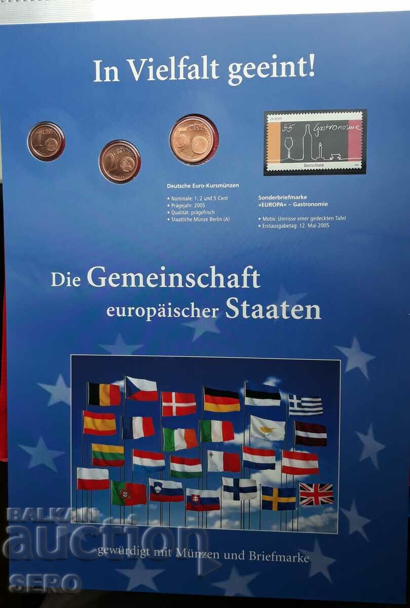 Germany-3 coins and a postage stamp in a beautiful cardboard package