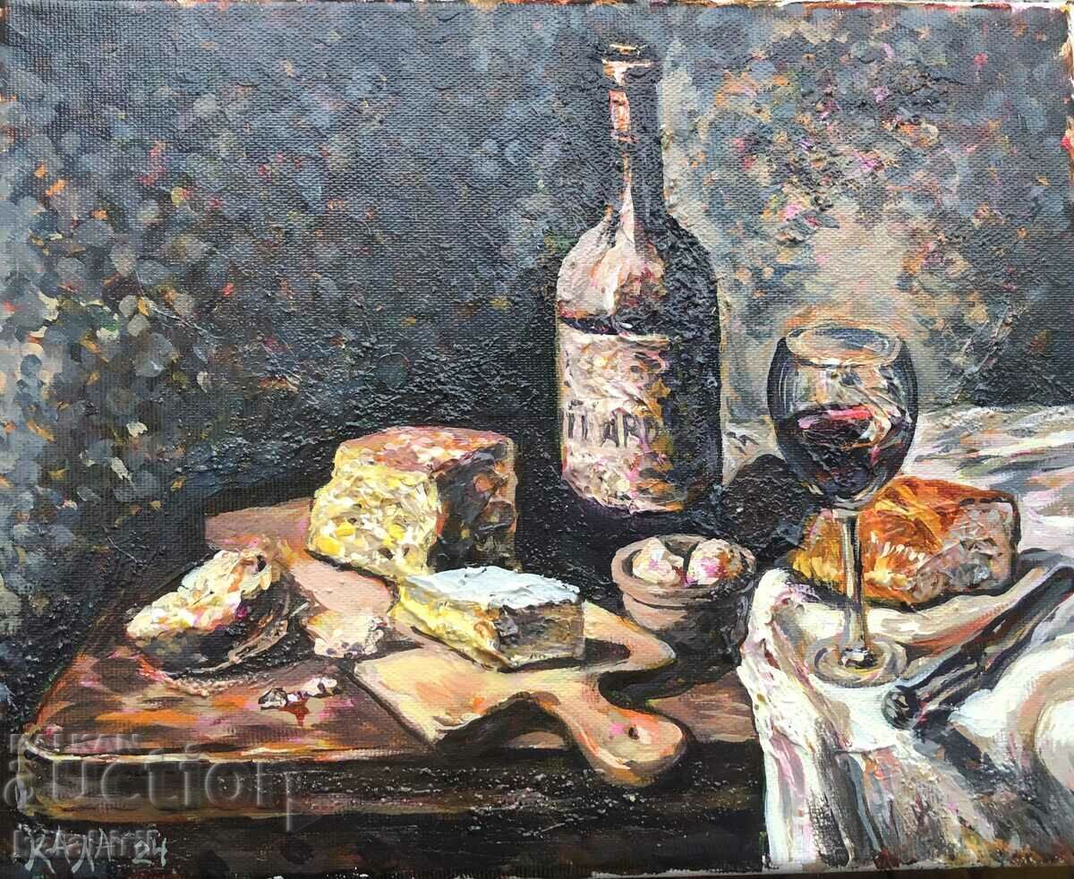 "Still life with cheese and wine" with price 500.00 BGN | € 255.65 "Still life with cheese and wine" with price 500.00 BGN | € 255.65