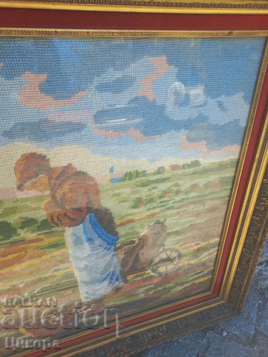 Auction OLD HAND SEWN TAPESTRY WITH WOODEN FRAME AND GLASS Auction OLD HAND SEWN TAPESTRY WITH WOODEN FRAME AND GLASS