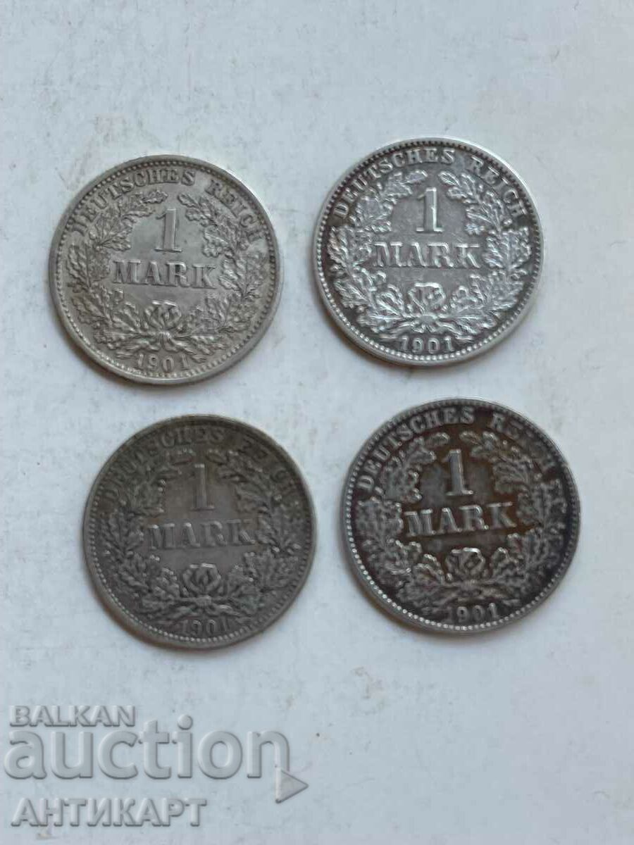 4 Ασημένια νομίσματα 1 Mark Γερμανίας Ασήμι 1901 D,E,F,G