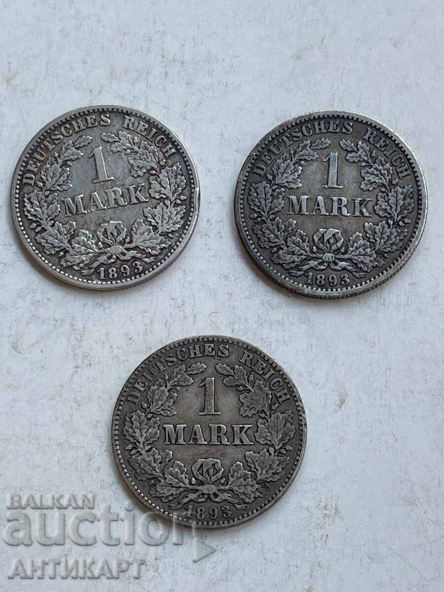 3 Ασημένια νομίσματα 1 Mark Γερμανίας Ασήμι 1893 E,F,J