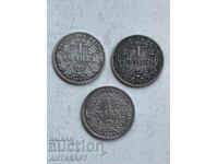3 Silver Coins 1 Mark Germany Silver 1892 E,F,J