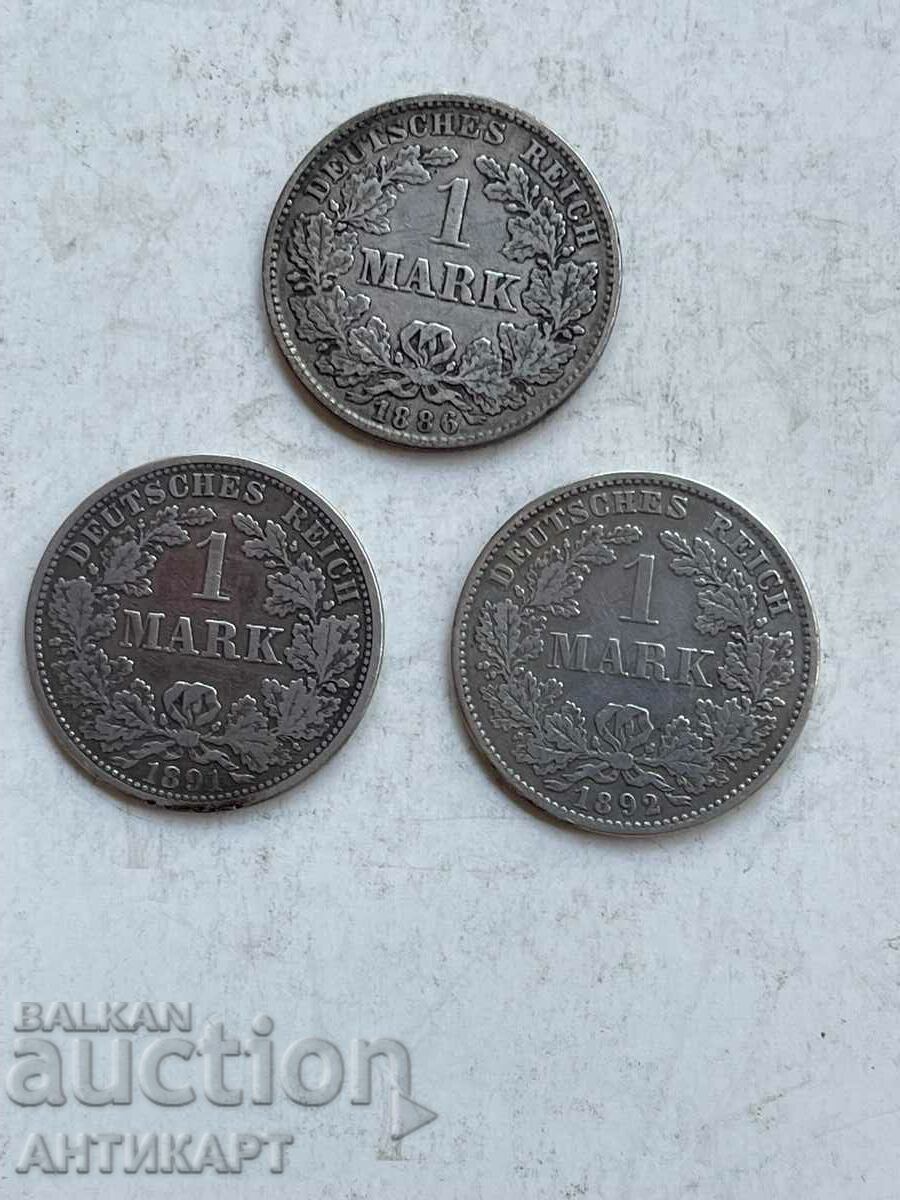 3 сребърни монети 1 марка Германия сребро 1886,1891,1892