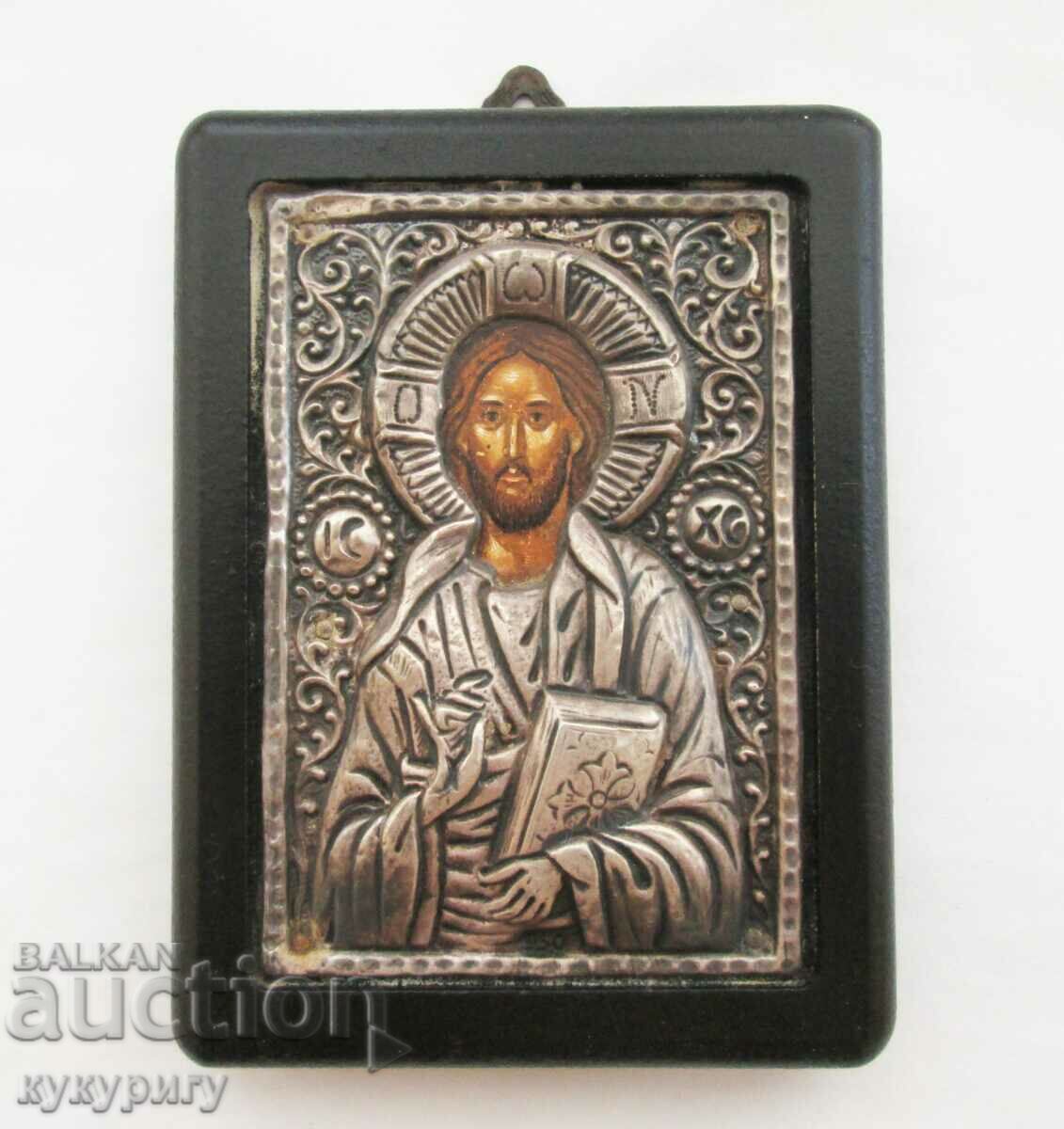 Old Greek painted icon silver fittings Jesus Christ
