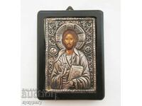 Παλαιά ελληνική ζωγραφισμένη εικόνα ασημένια εξαρτήματα Ιησού Χριστού