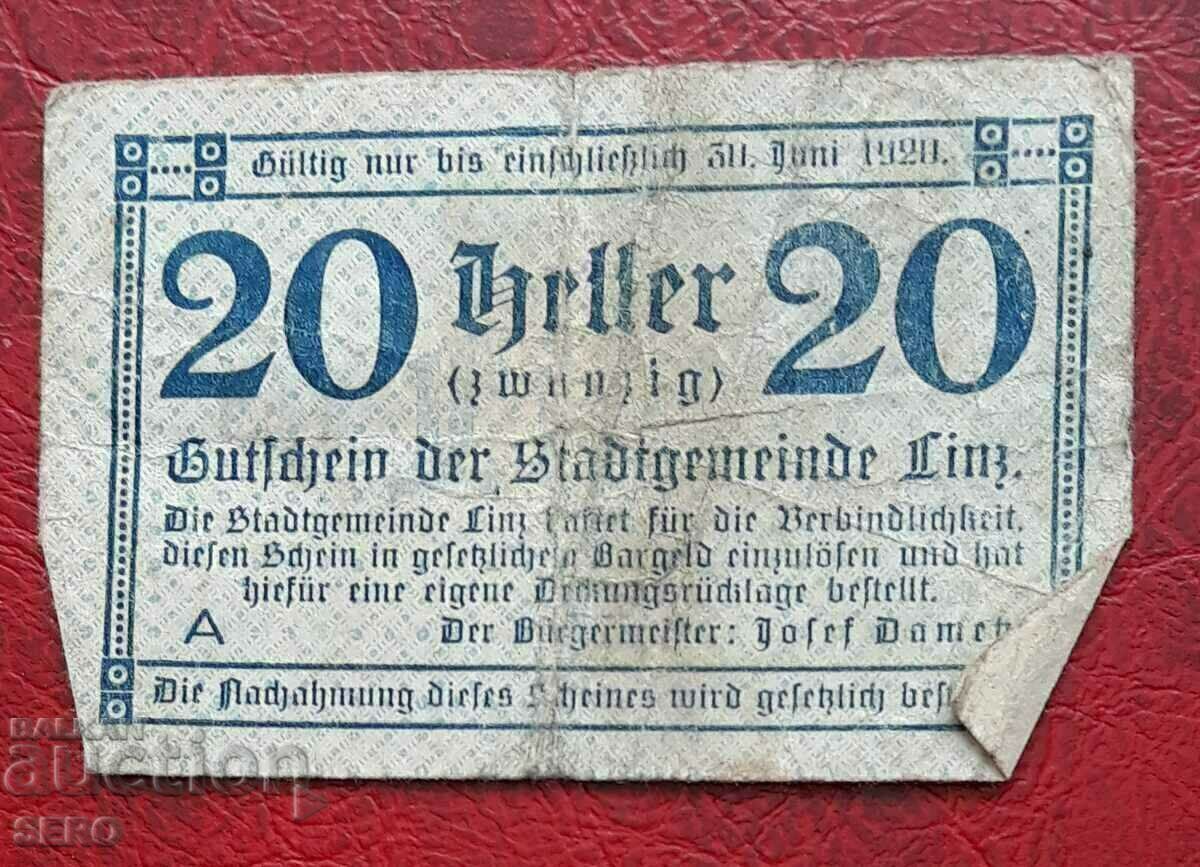 Банкнота-Австрия-Г.Австрия-Линц-20 хелера 1920