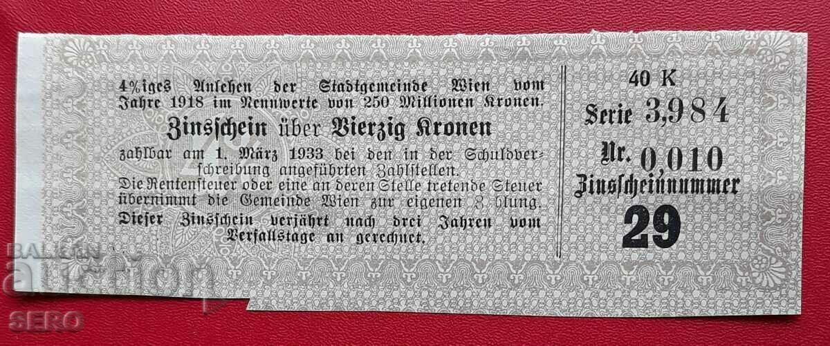 Austria-coupon 40 kroner 1933 Austria-coupon 40 kroner 1933
