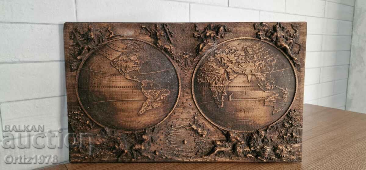 Map of the world – painting, panel, wood.