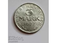 3 Μάρκα 1922 Γερμανία JWeimar Σύνταγμα Ιωβηλαίου νομίσματος