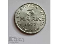 3 марки 1922 Германия JЮбилейна монета Ваймарска конституция