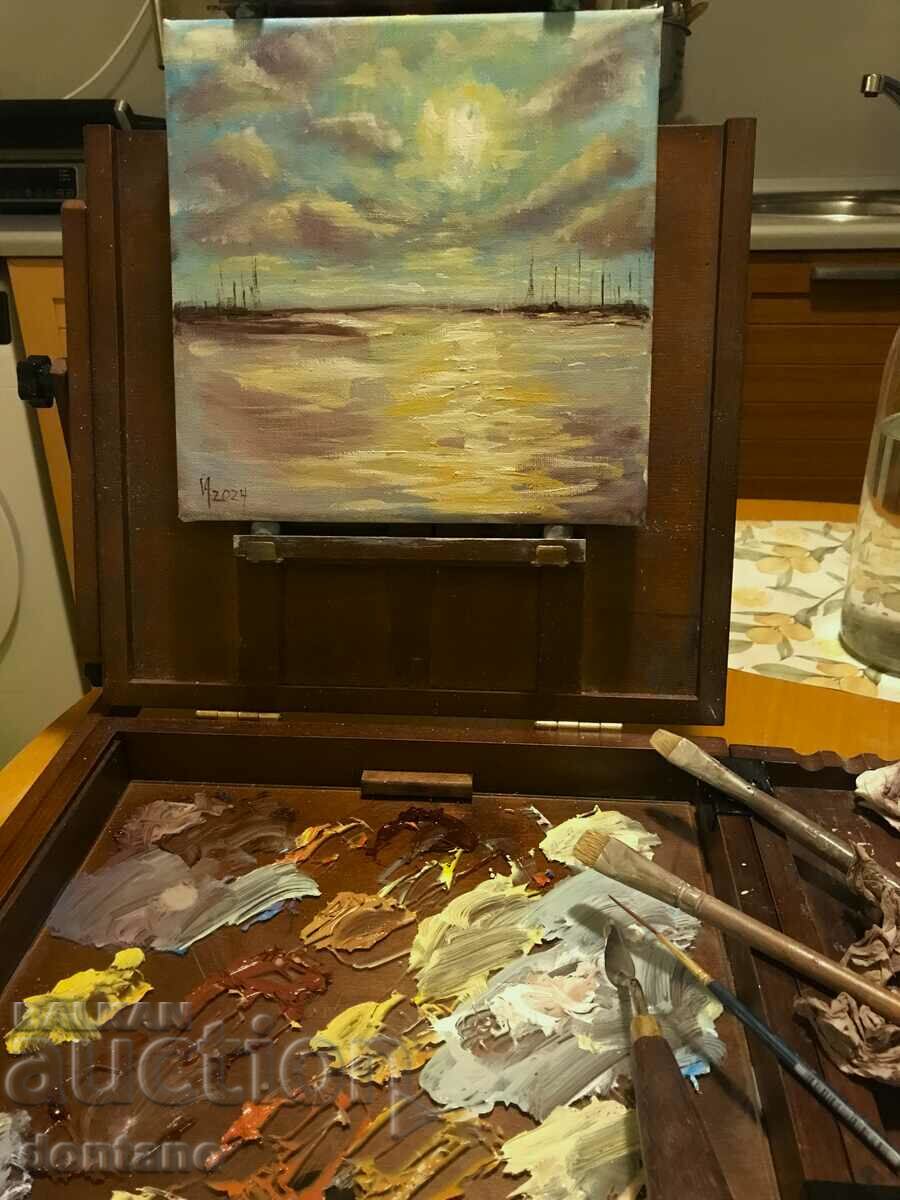 Oil painting - Seascape - Port city 20/20 cm