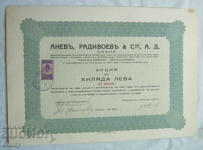 Share 1000 BGN Anev, Radivoev & Co. AD, Sofia 1936