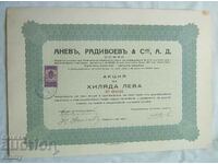 Share 1000 BGN Anev, Radivoev & Co. AD, Sofia 1936