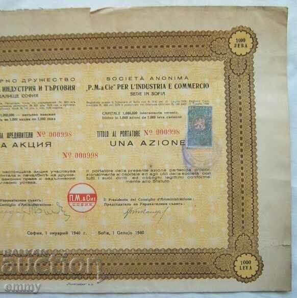Auction  Action 1000 BGN P.M. & Co. of Industry and Commerce 1940