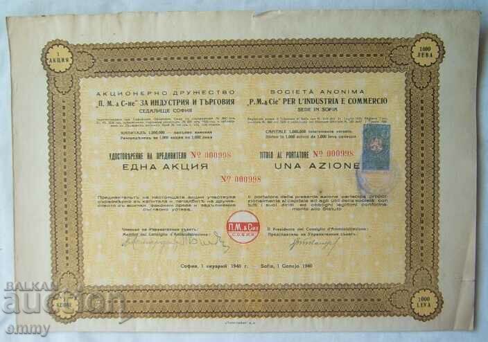 Action 1000 BGN P.M. & Co. of Industry and Commerce 1940