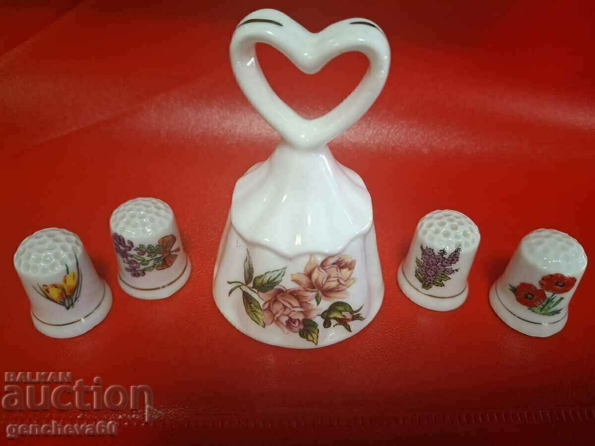 Porcelain bell, "heart" and thimbles 4pcs Porcelain bell, "heart" and thimbles 4pcs