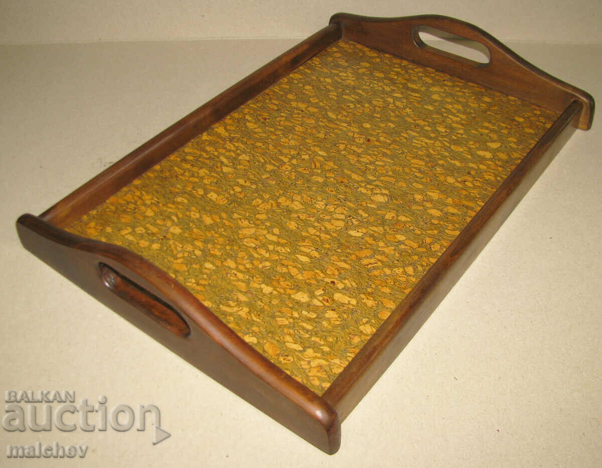 Wooden tray 28/40 cm with varnished cork bottom, excellent