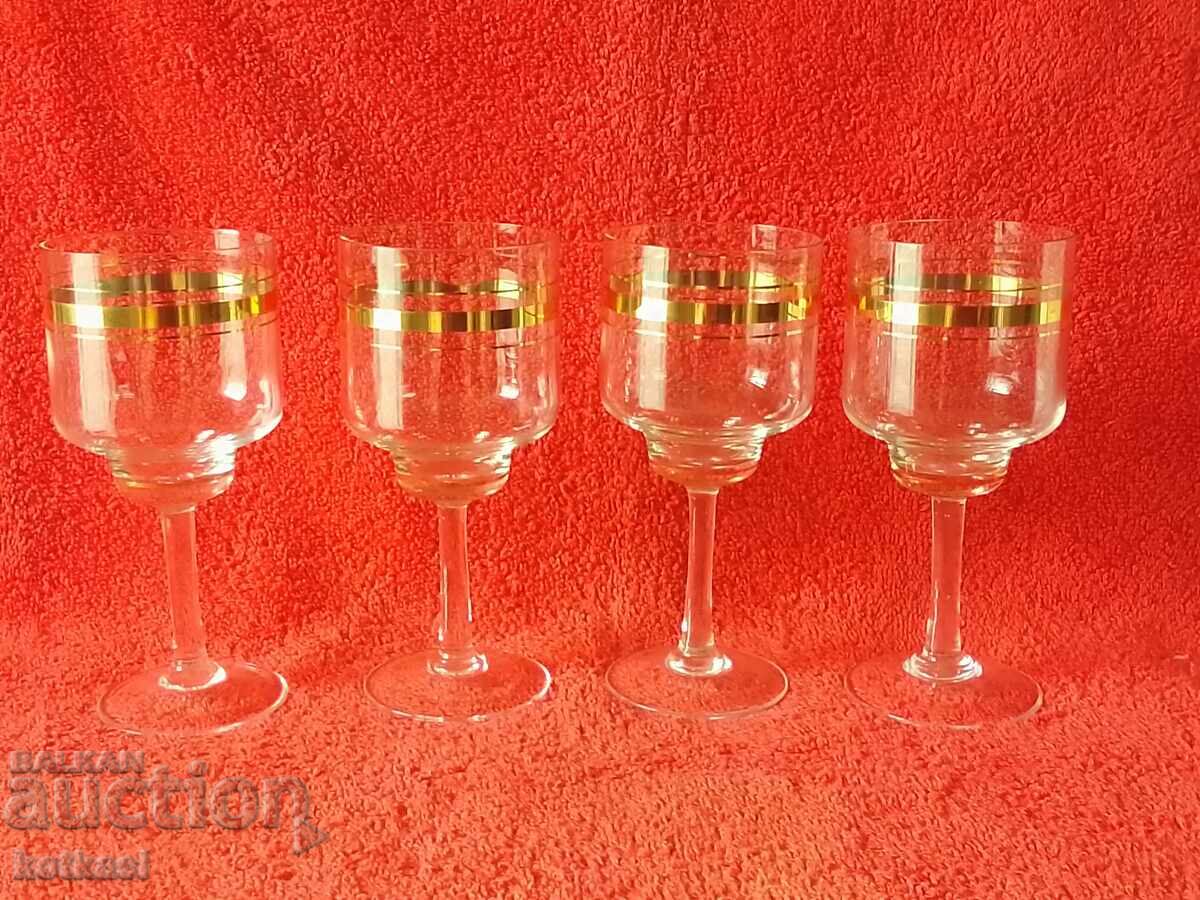 Lot of 4 glass crystal cups gold rims