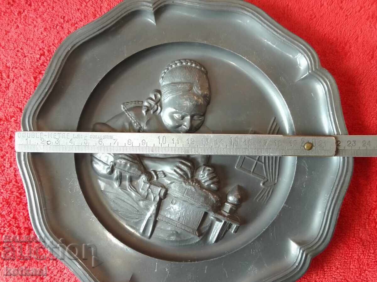 Auction Old Massive Metal Plate Marked Germany Woman Seamstress Auction Old Massive Metal Plate Marked Germany Woman Seamstress