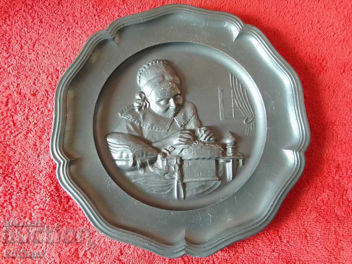 Old Massive Metal Plate Marked Germany Woman Seamstress - 7 Old Massive Metal Plate Marked Germany Woman Seamstress - 7